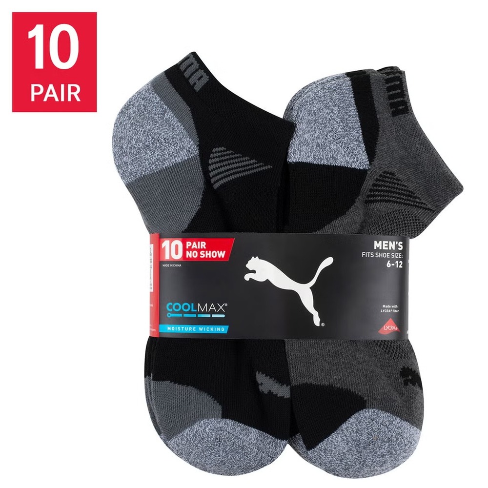 PUMA Mens No Show Socks 10 Pair Pack Black Gray Coolmax Shoe Size 6-12 NEW